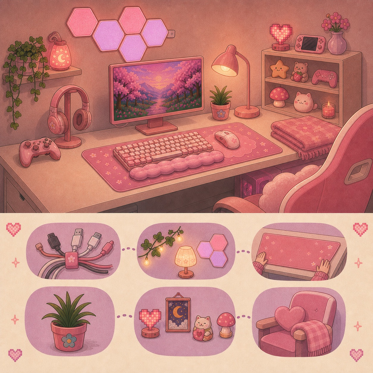 Visual guide to a six-step weekend refresh for a cozy gaming setup