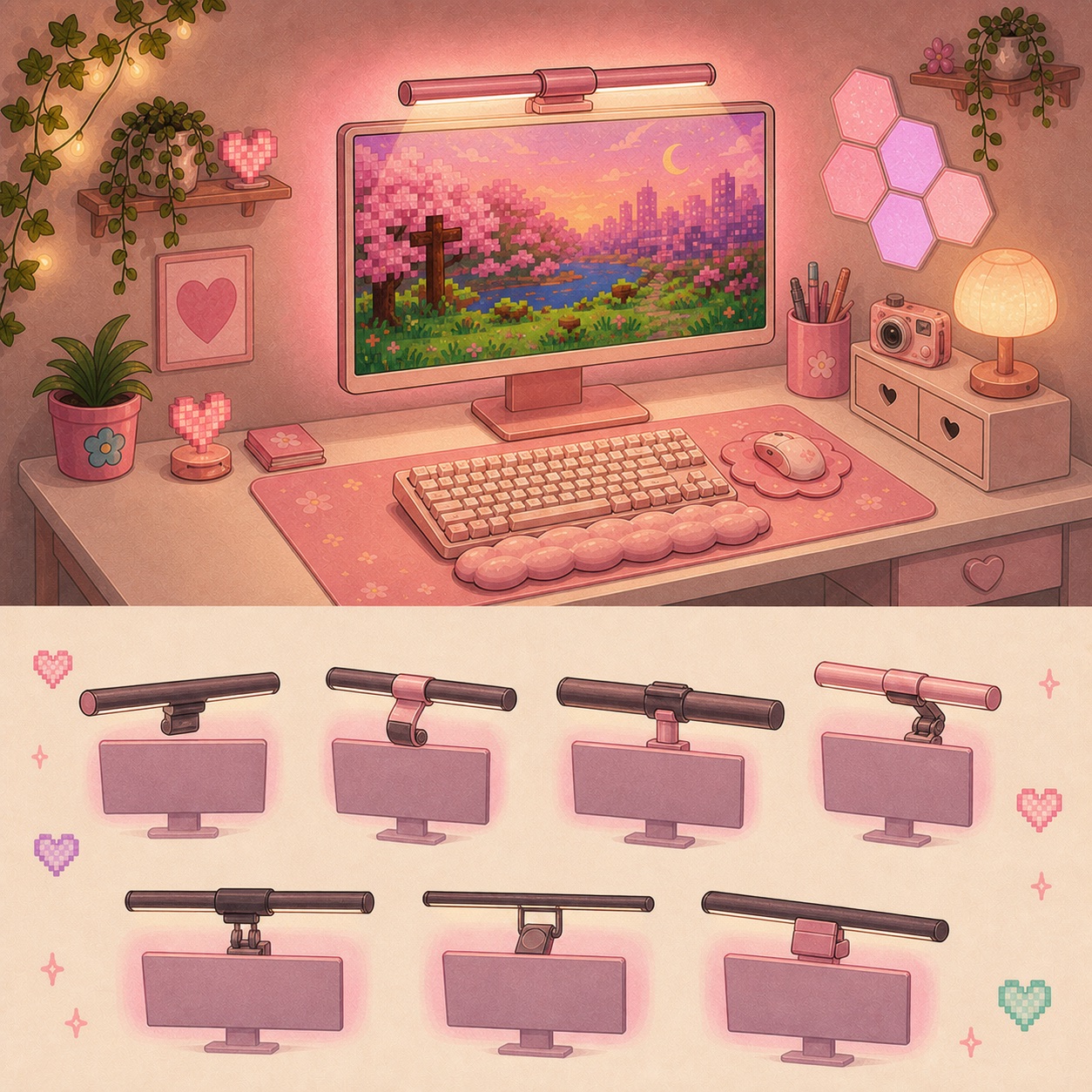 Illustration comparing pink monitor light bars for a small desk