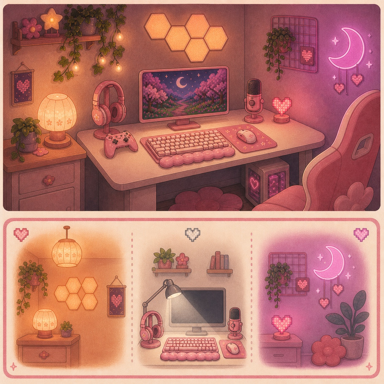 Visual guide to ambient, task and accent lighting in Andrea’s pink gaming setup
