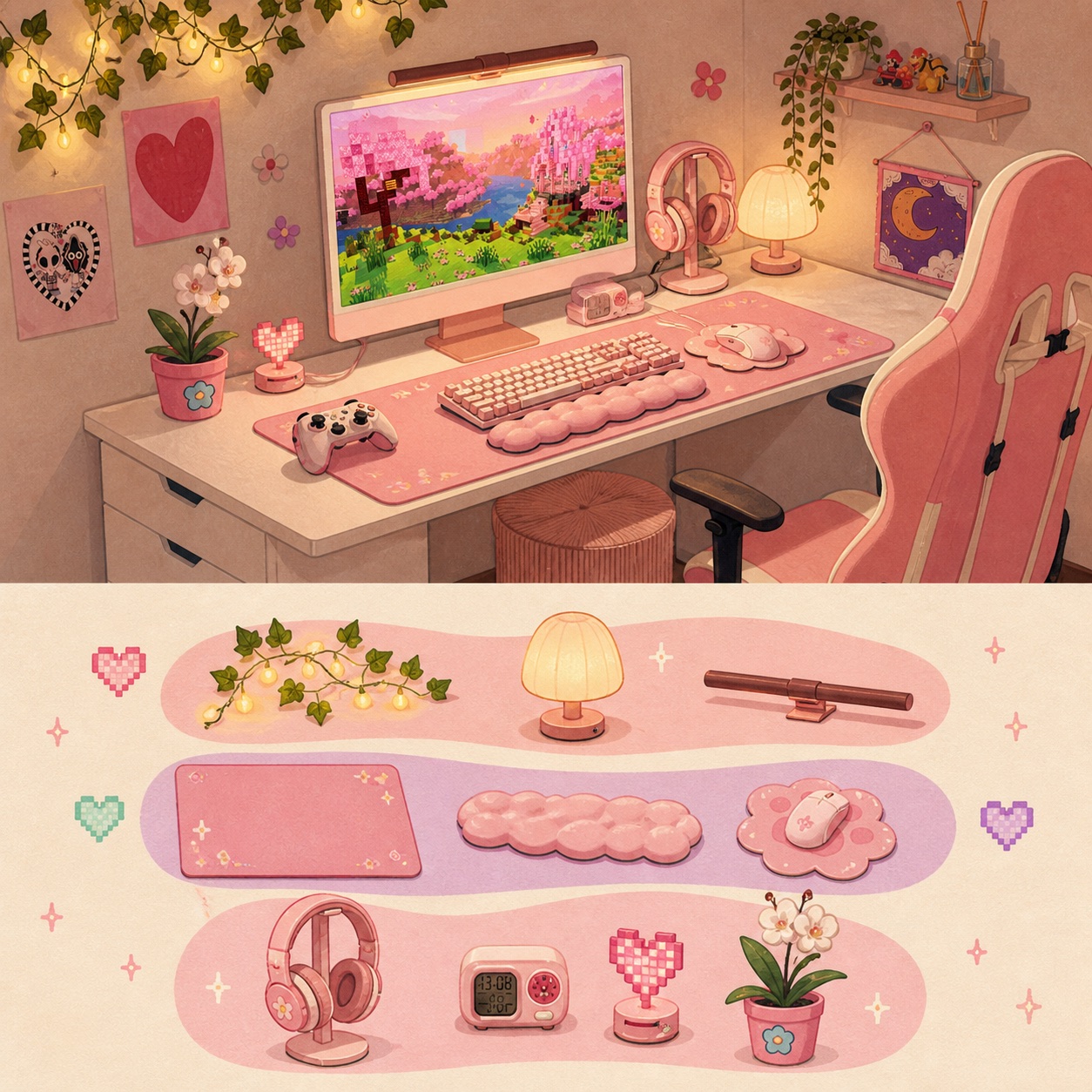Visual guide to Andrea’s cozy pink gaming setup and its three essential layers