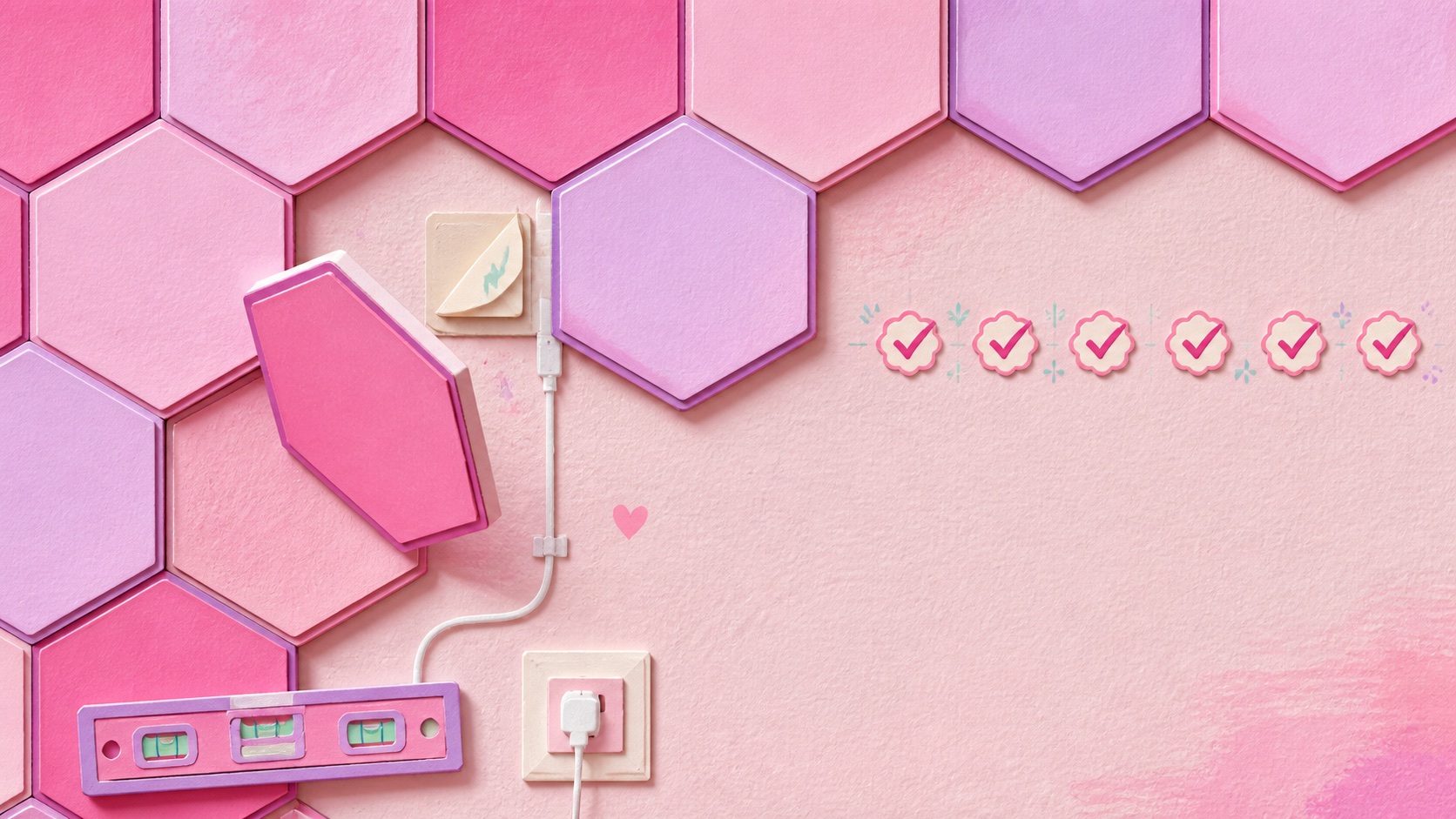 Illustrated pink hexagon LED panel installation with adhesive, level and power checks