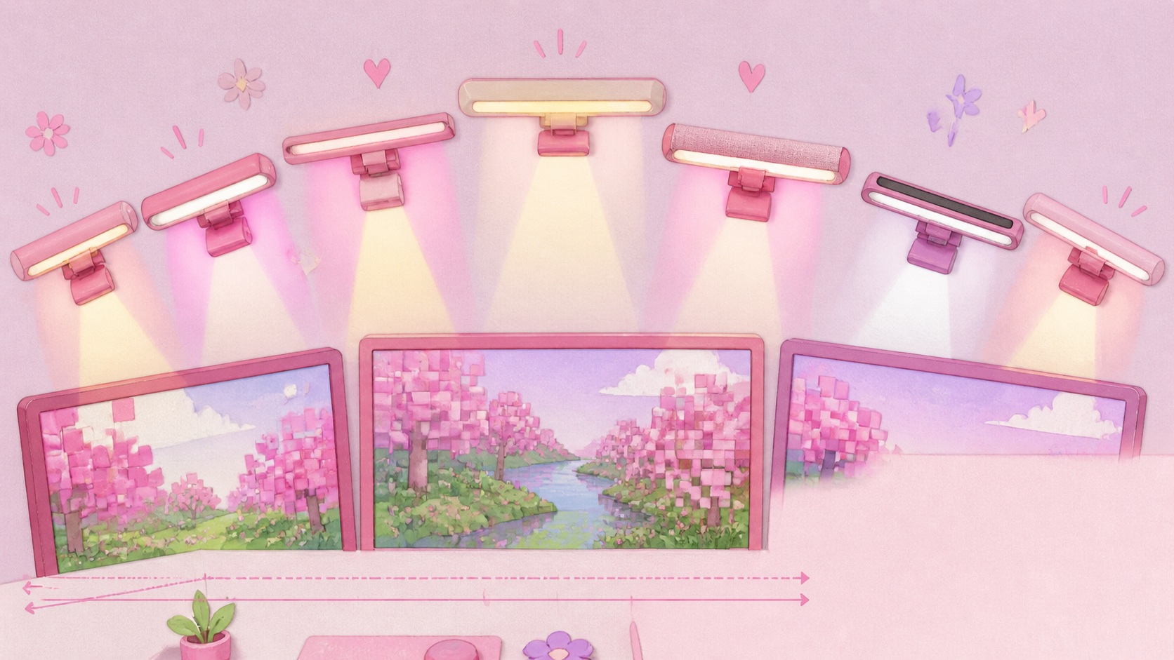Illustrated comparison of seven pink monitor light bars casting different beams over small desks