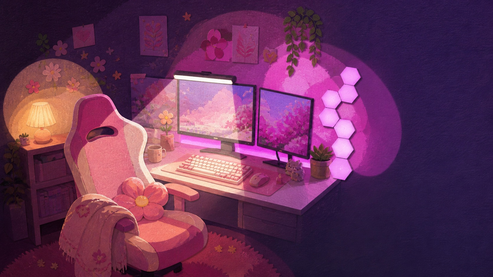 Illustrated pink gaming corner showing separate ambient, task and accent lighting layers at night