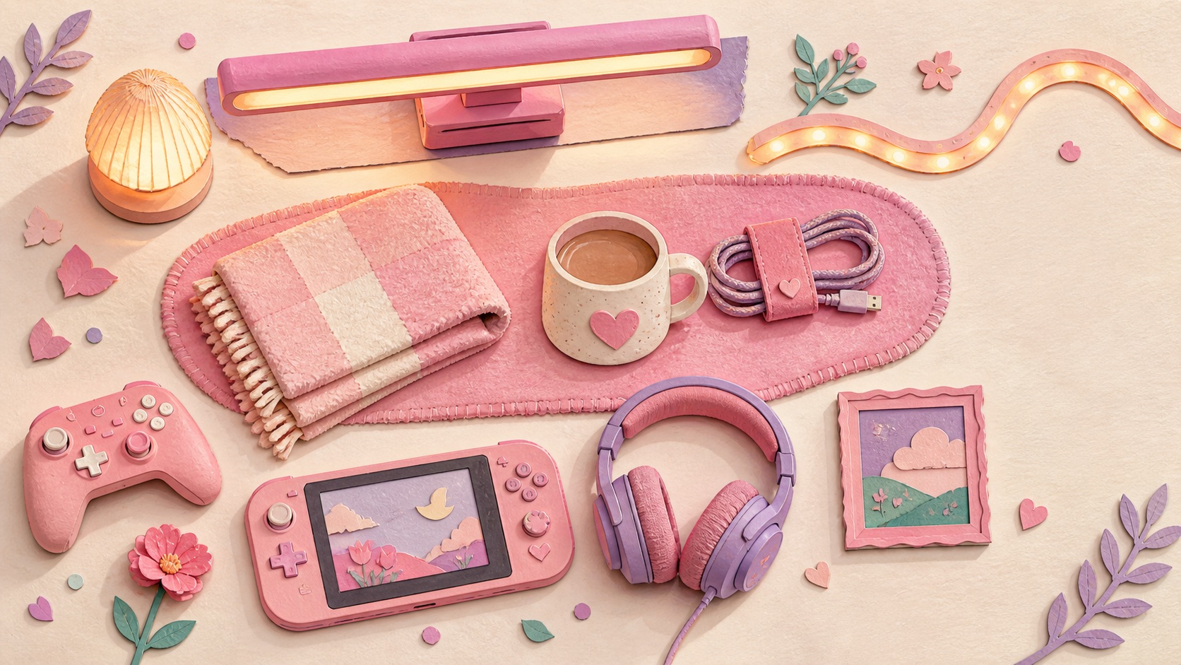 Illustrated flat lay of pink lighting, comfort and personality essentials for a cozy gaming setup