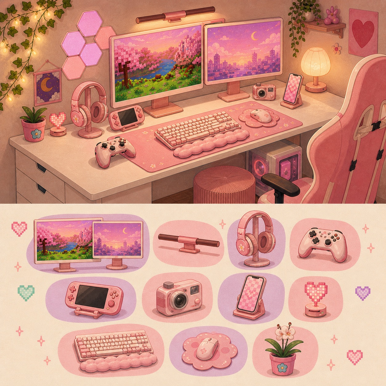Illustrated tour of eleven items in Andrea’s pink gaming setup