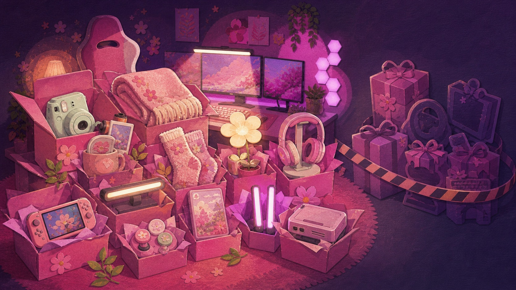 Illustrated cozy gaming gift guide with fourteen pink gifts and six compatibility-risky picks