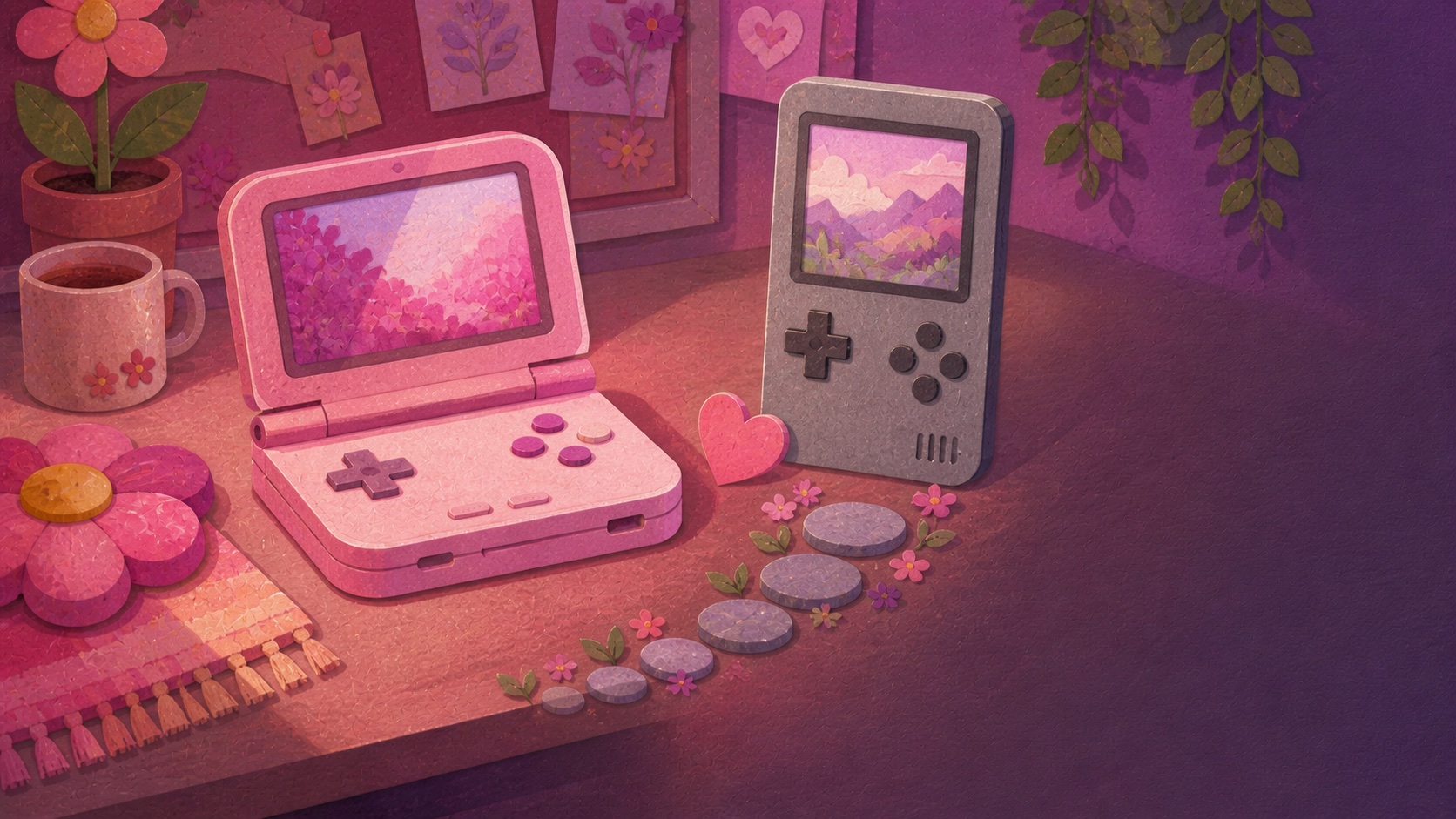 Illustrated comparison of a pearl-pink clamshell handheld and a grey vertical retro handheld