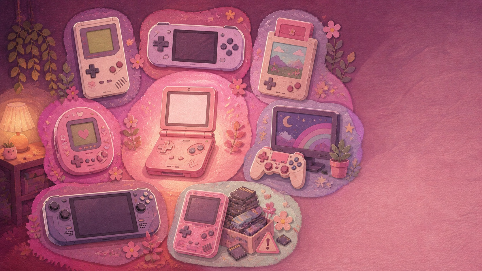 Illustrated lineup of seven types of handheld retro consoles around a pearl-pink clamshell handheld