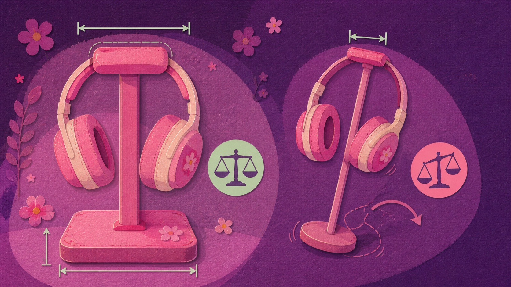 Illustrated comparison of headphone stand hook width and base stability