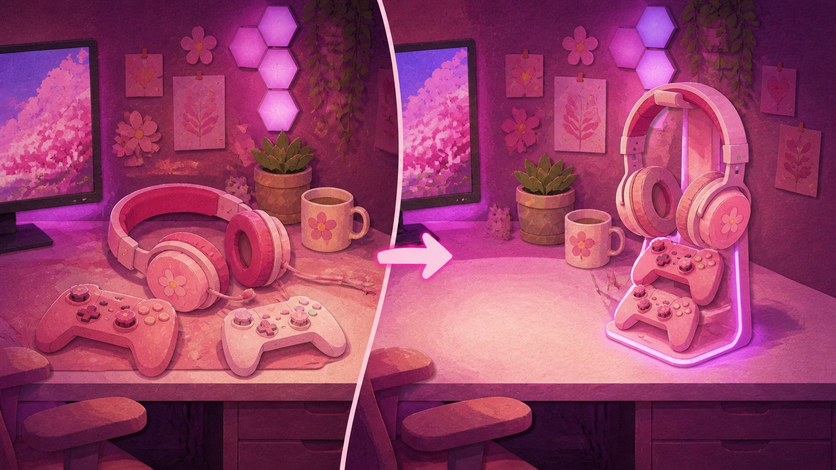 Illustrated before and after showing a pink headphone stand clearing space on a small desk