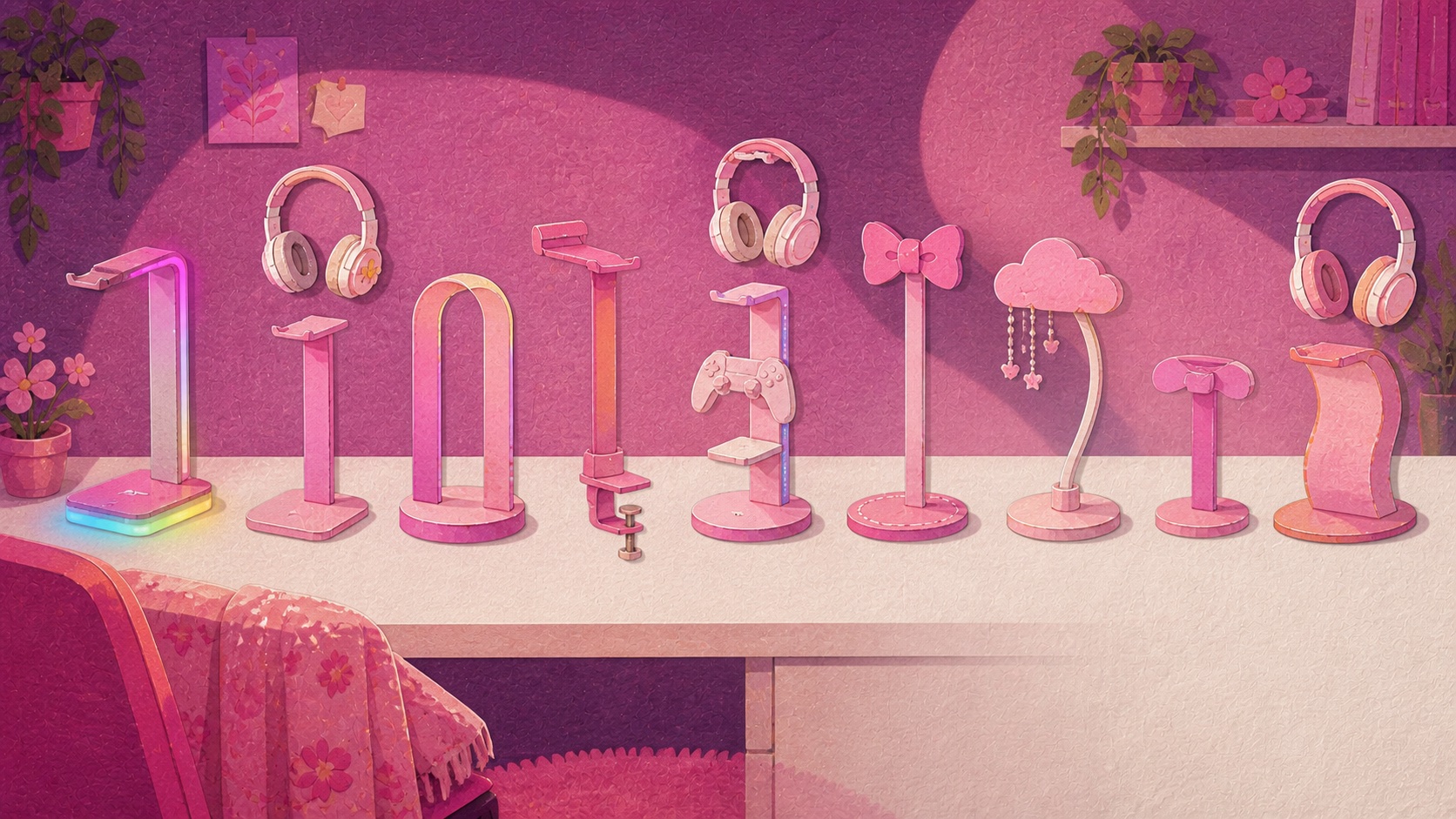 Illustrated lineup of nine different pink headphone and controller stands