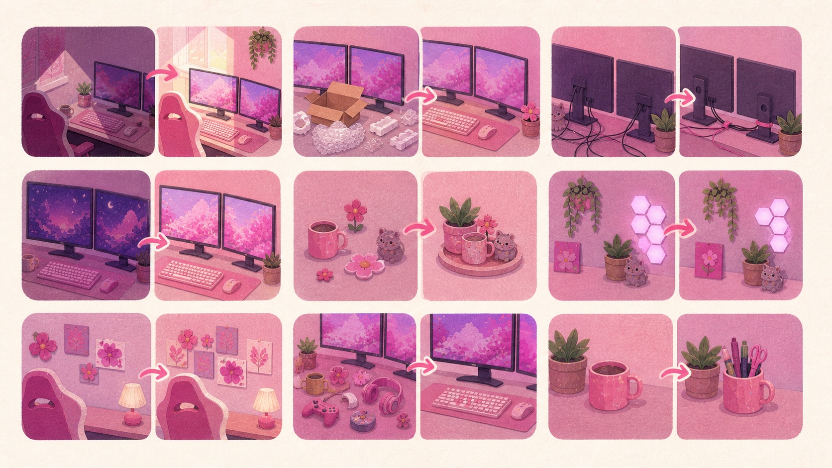 Nine illustrated no-cost changes for rearranging and refreshing a pink gaming setup