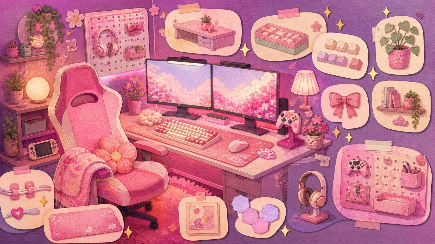 Illustrated pink gaming corner surrounded by lighting, desk, wall and organization ideas