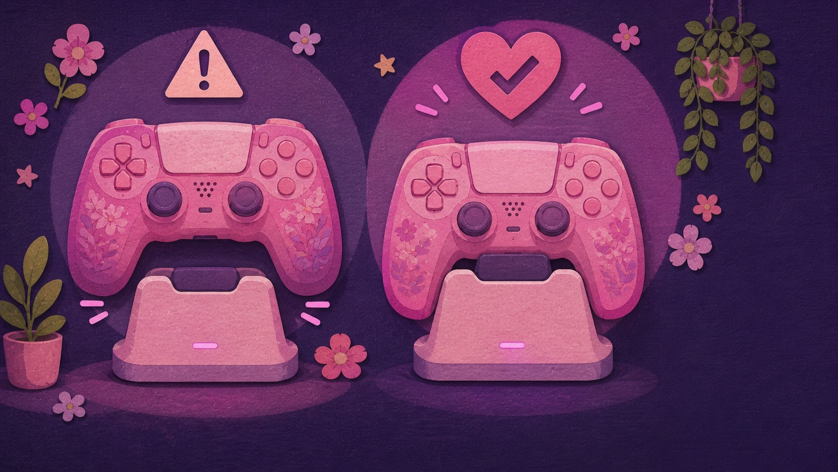 Illustrated comparison of a thick controller cover and a slim dockable cover on a charging dock